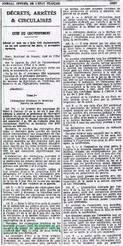 Décret du gouvernement de Vichy du 5 juin 1942 réglementant le nombre de dentistes juifs Histoire de la médecine par Xavier Riaud, chirurgien dentiste