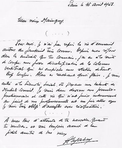 Lettre du Dr René Maheu du 16 avril 1948 - Histoire de la médecine par Xavier Riaud